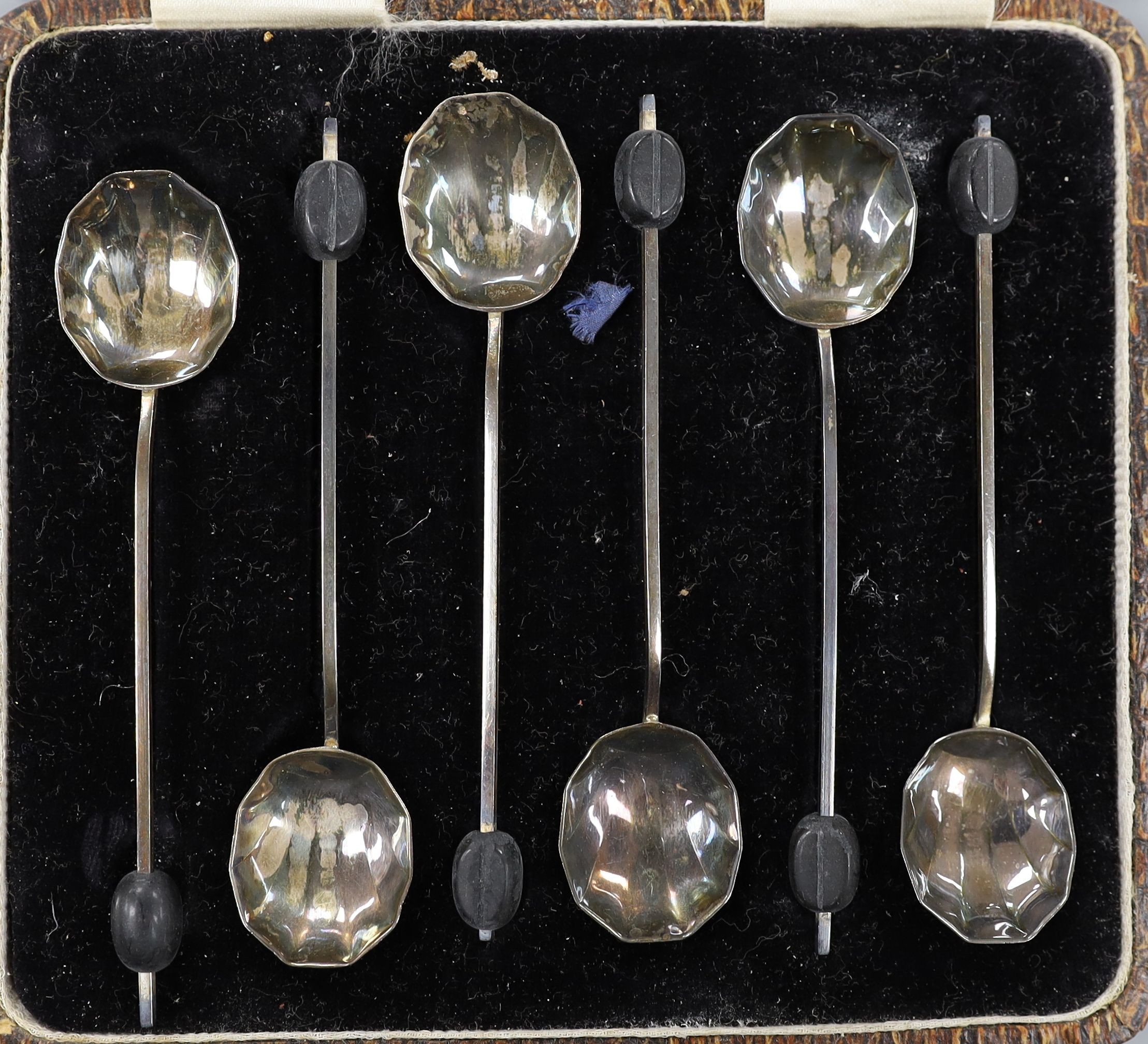 A pair of Victorian silver Old English pattern 'berry' spoons, London, 1837, three later Danish parcel gilt white metal commemorative spoons and a cased set of silver bean end coffee spoons